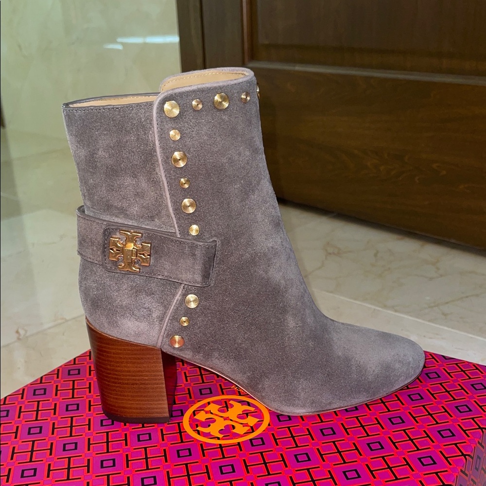 Tory Burch Gray Suede Heeled Boots with Gold Studs